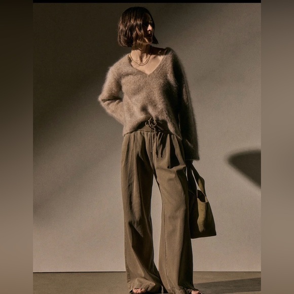 James Perse ribbed waist wide leg pleated pant fawn khaki tan 1 small - Picture 2 of 5